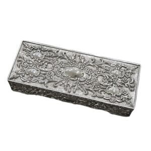 Vintage Ornate Silver-plated Jewelry Box Red Velvet Interior 9 x 4 x 2 Hong Kong